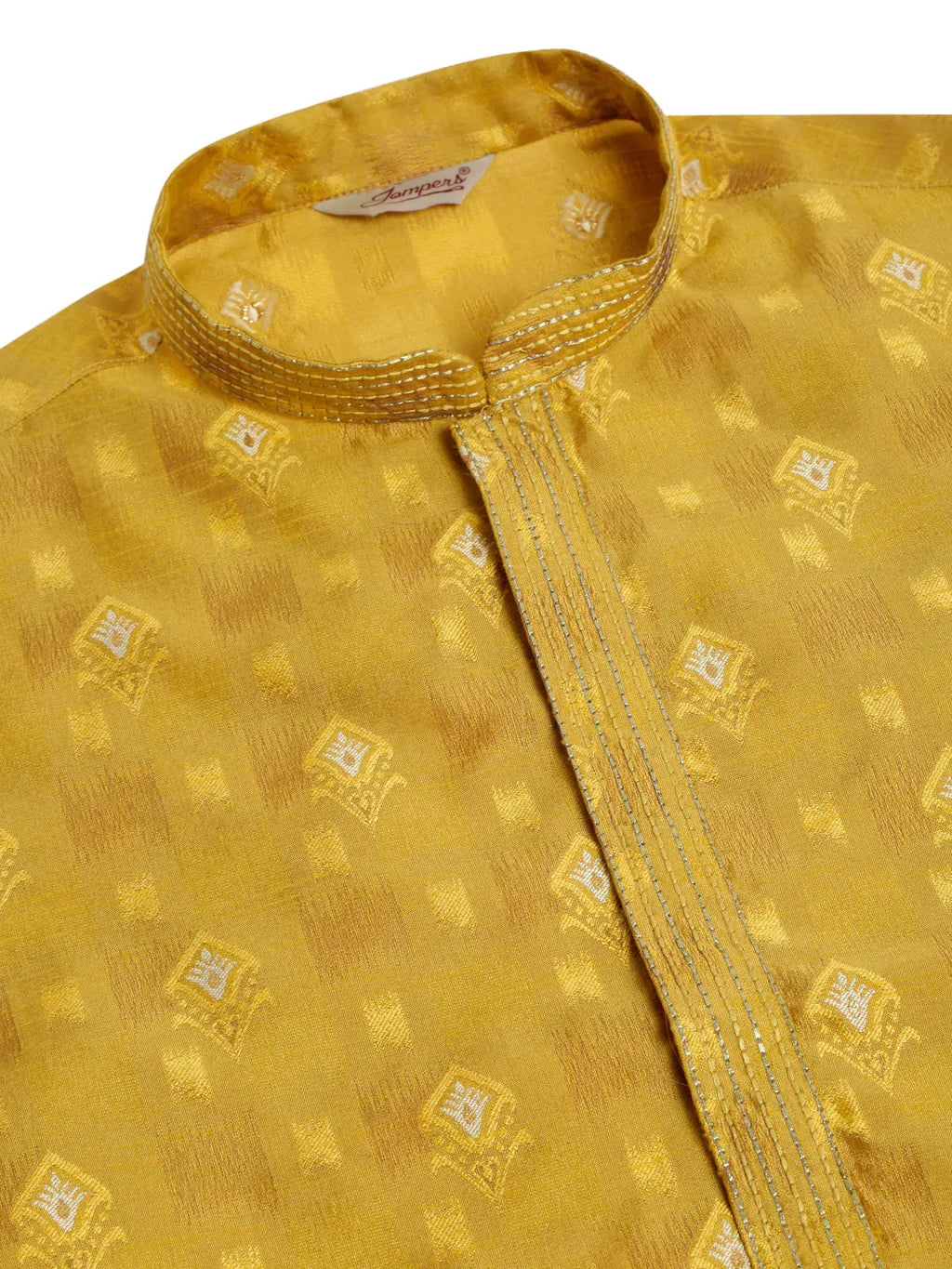 Jompers Men's Mustard Collar Embroidered Woven Design Kurta Pajama | Grocsy