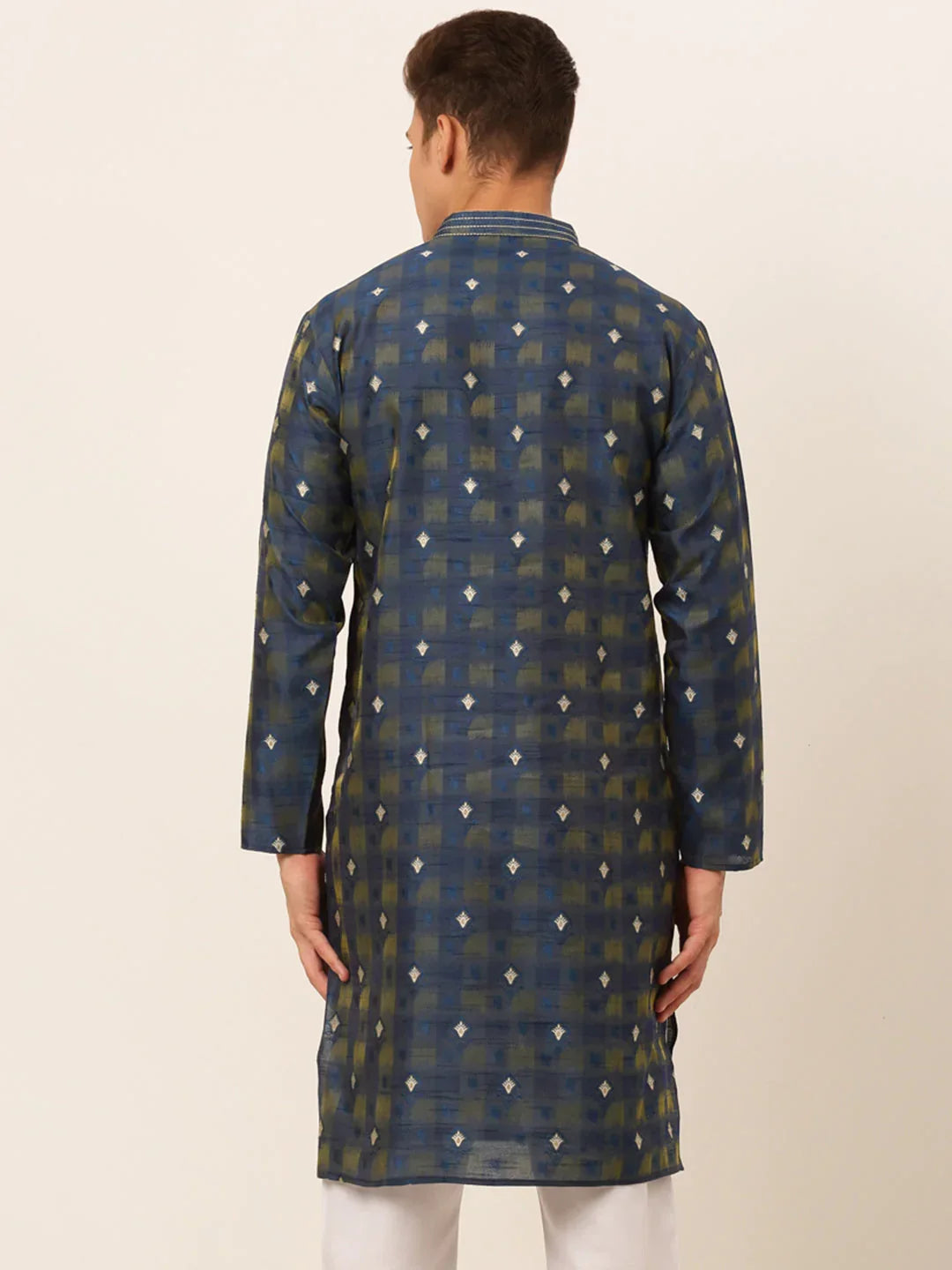 Jompers Men's Navy Blue Collar Embroidered Woven Design Kurta Pajama | Grocsy