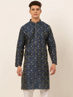 Jompers Men's Navy Blue Collar Embroidered Woven Design Kurta Pajama | Grocsy
