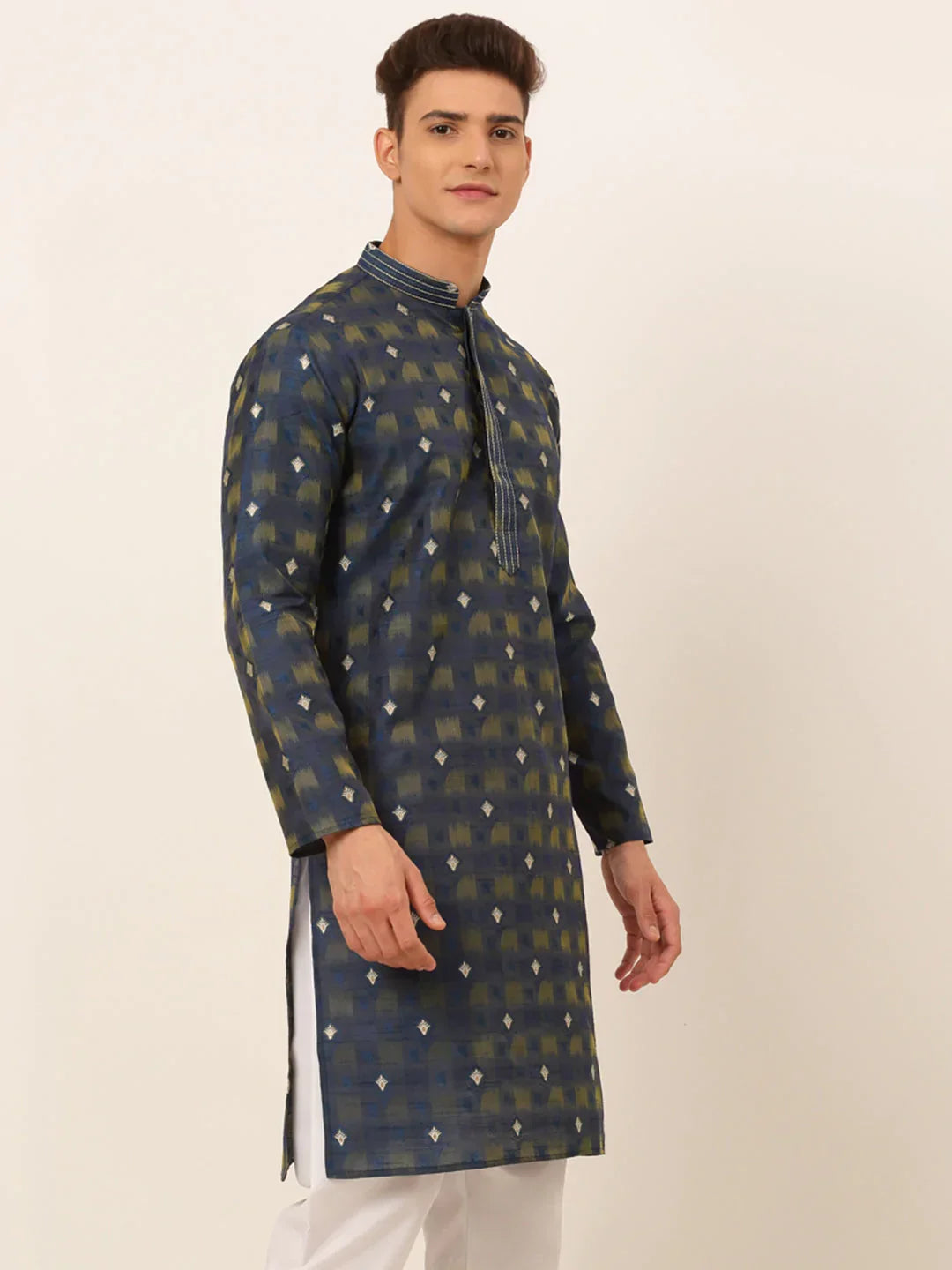 Jompers Men's Navy Blue Collar Embroidered Woven Design Kurta Pajama | Grocsy