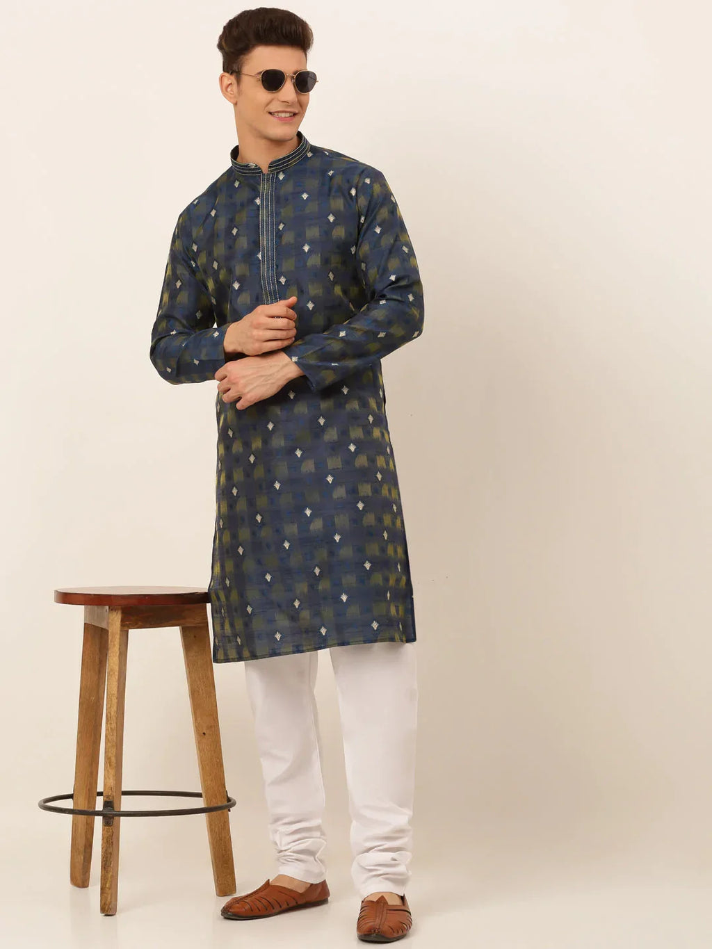 Jompers Men's Navy Blue Collar Embroidered Woven Design Kurta Pajama | Grocsy
