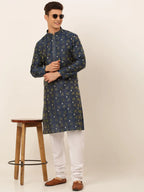 Jompers Men's Navy Blue Collar Embroidered Woven Design Kurta Pajama | Grocsy