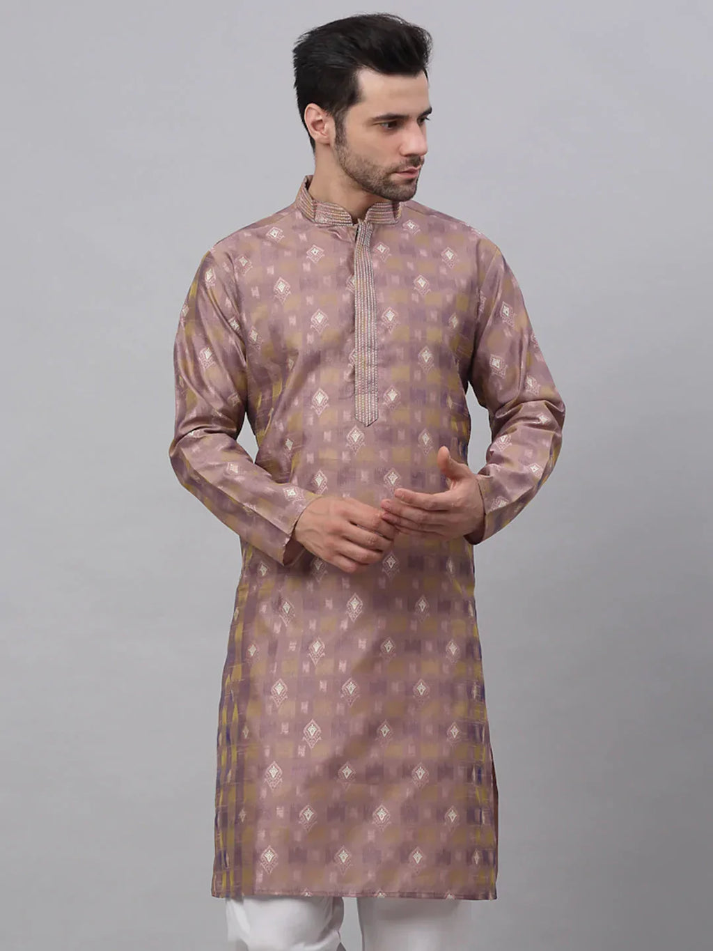 Jompers Men's Pink Collar Embroidered Woven Design Kurta Pajama | Grocsy
