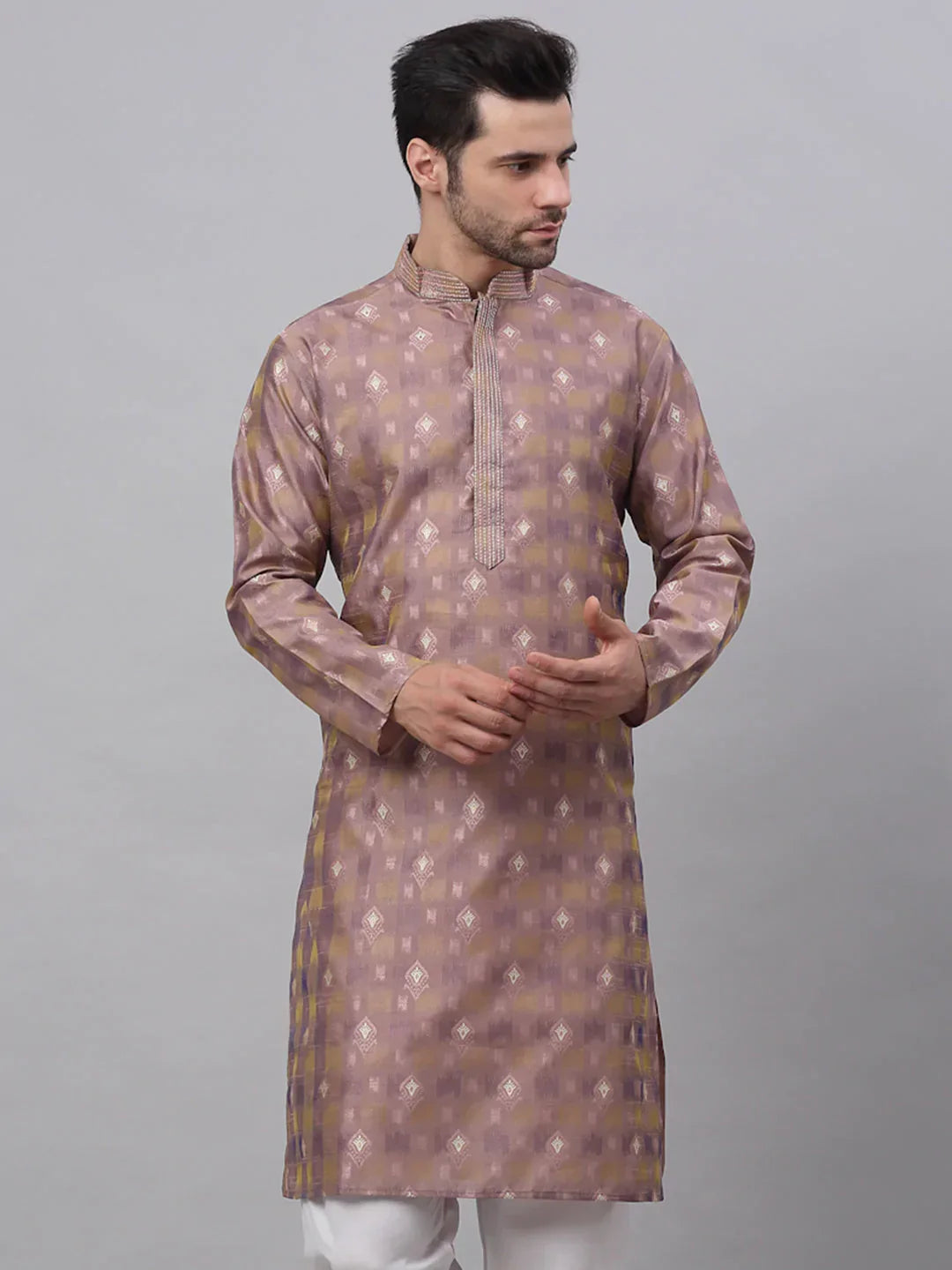 Jompers Men's Pink Collar Embroidered Woven Design Kurta Pajama | Grocsy