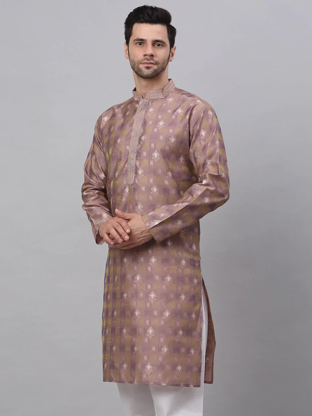 Jompers Men's Pink Collar Embroidered Woven Design Kurta Pajama | Grocsy
