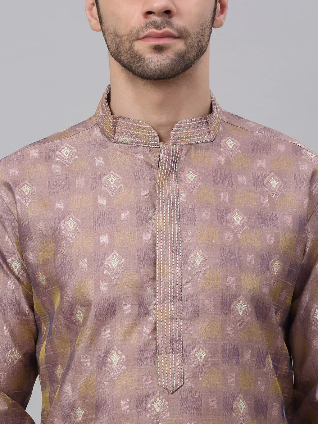 Jompers Men's Pink Collar Embroidered Woven Design Kurta Pajama | Grocsy