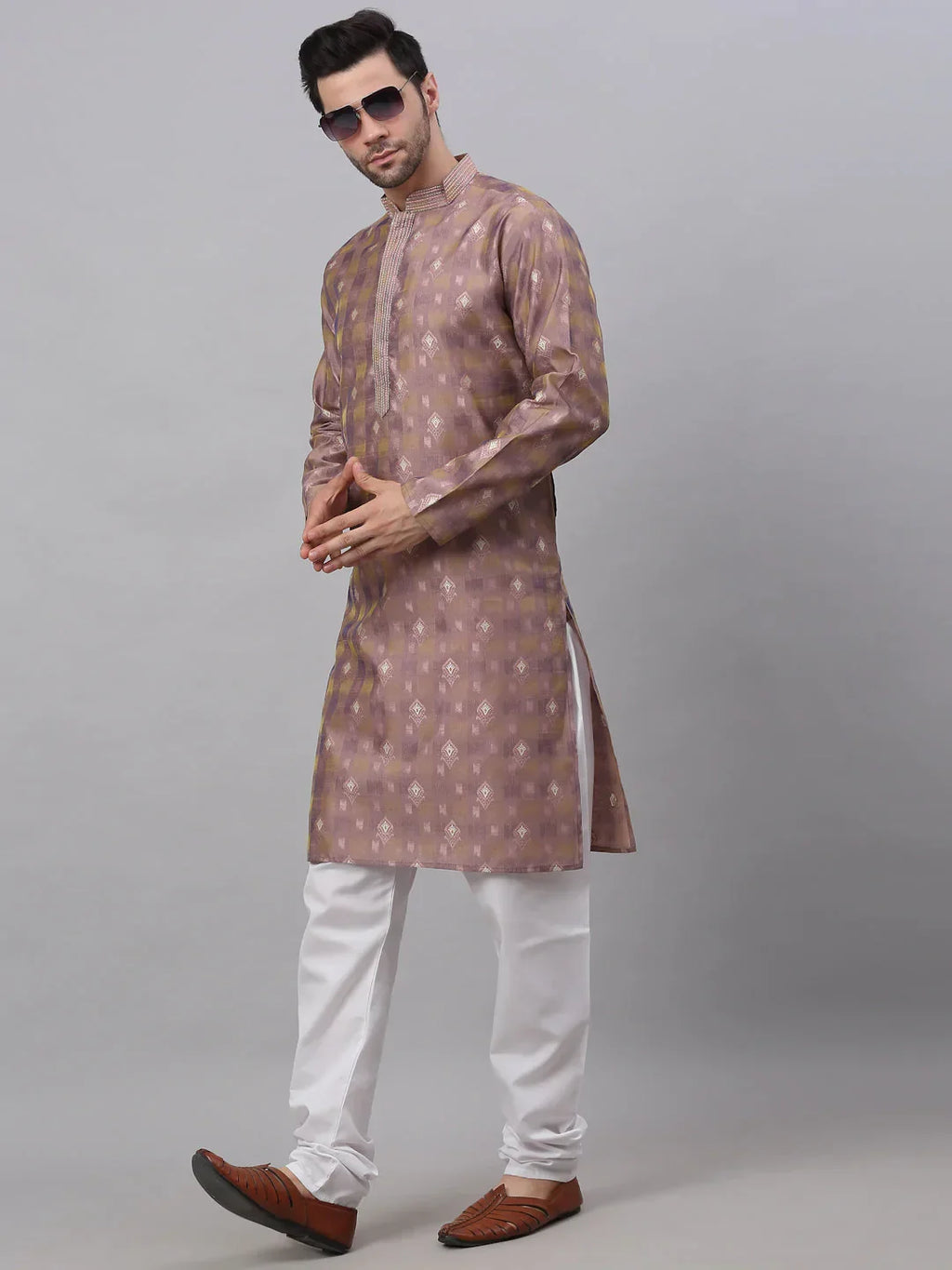 Jompers Men's Pink Collar Embroidered Woven Design Kurta Pajama | Grocsy