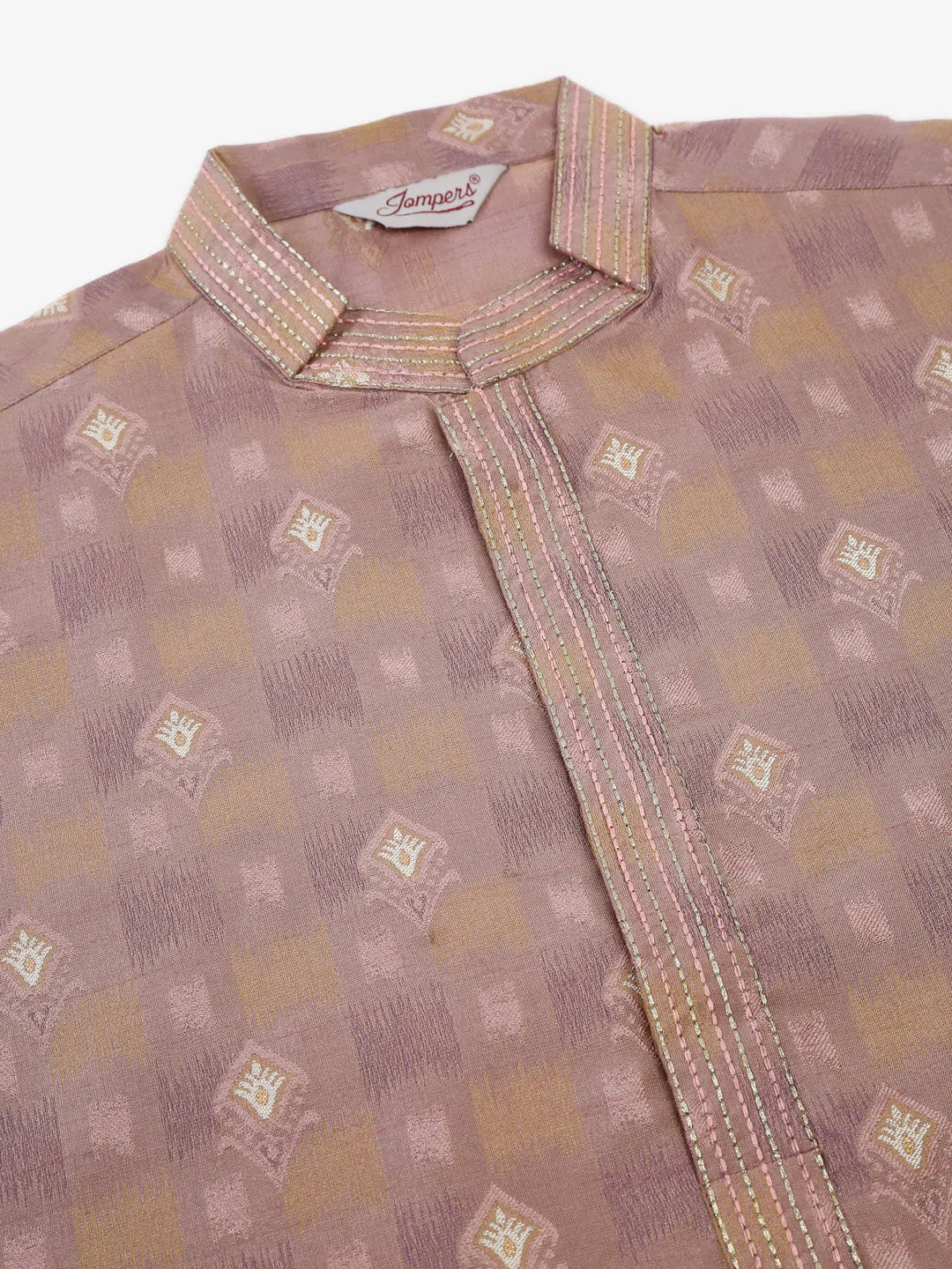Jompers Men's Pink Collar Embroidered Woven Design Kurta Pajama | Grocsy