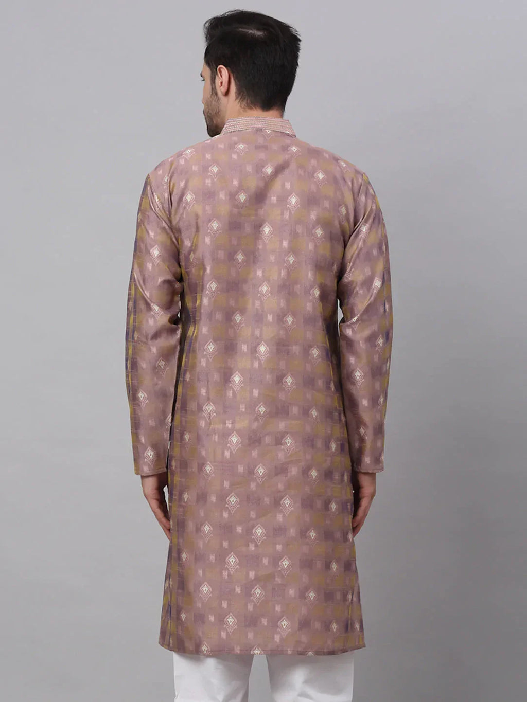 Jompers Men's Pink Collar Embroidered Woven Design Kurta Pajama | Grocsy