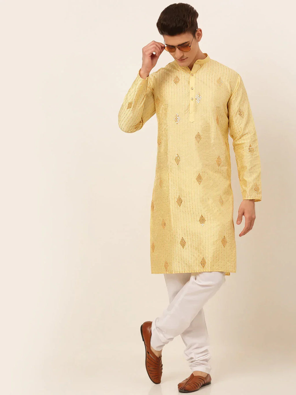 Jompers Men's Golden Embroidered Sequinned Kurta Only | Grocsy