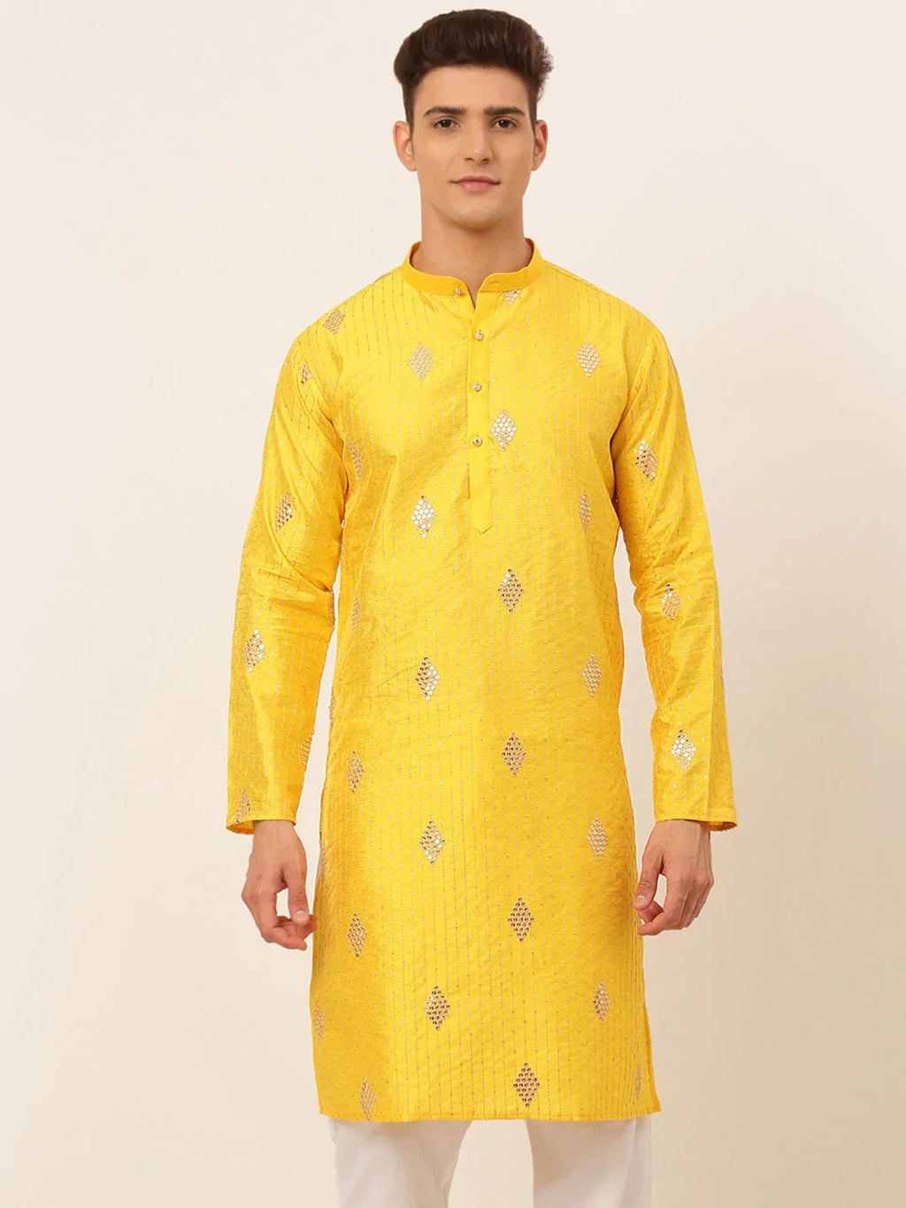 Jompers Men's Mustard Yellow Embroidered Sequinned Kurta Only | Grocsy