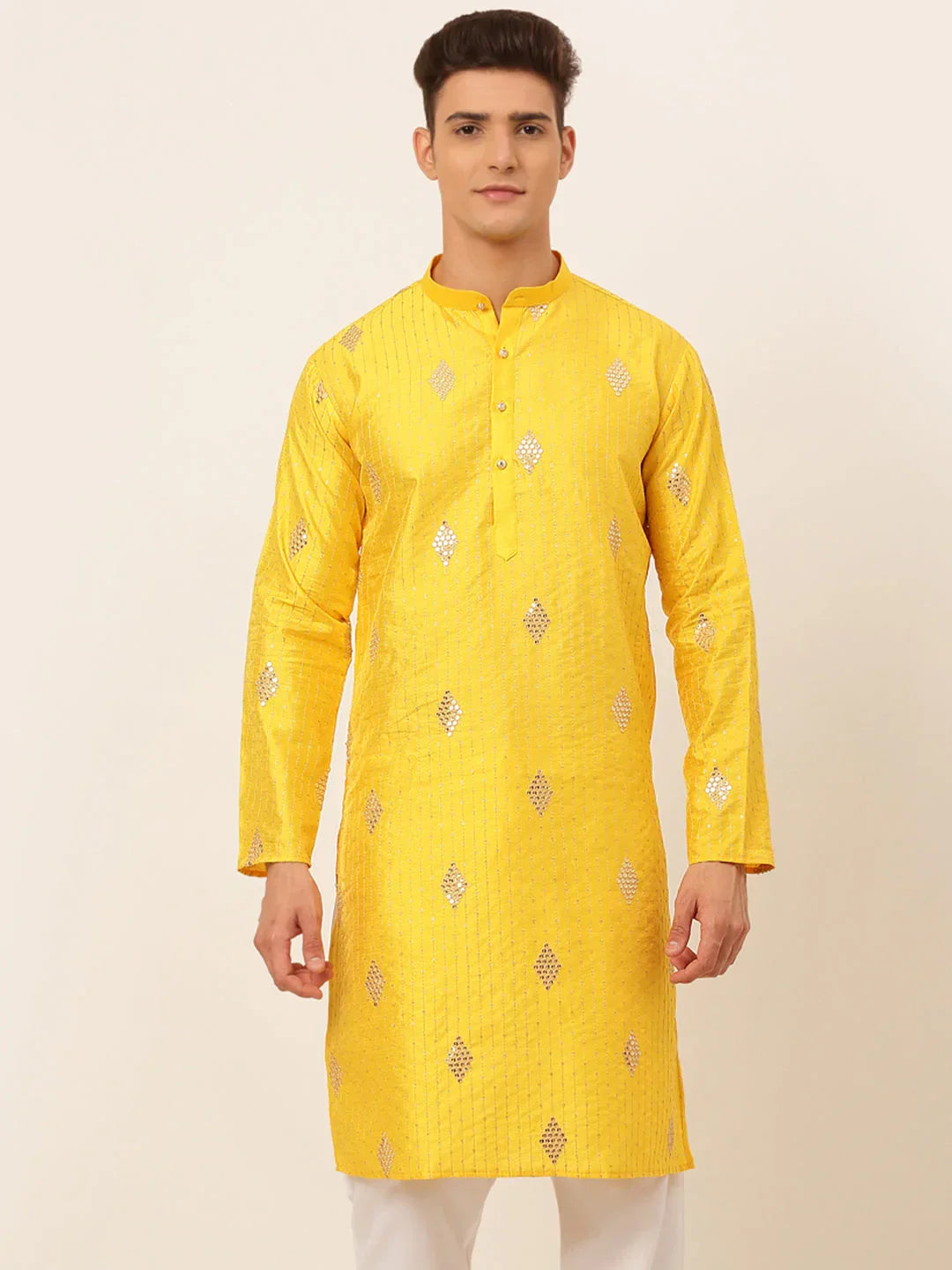 Jompers Men's Mustard Yellow Embroidered Sequinned Kurta Only | Grocsy