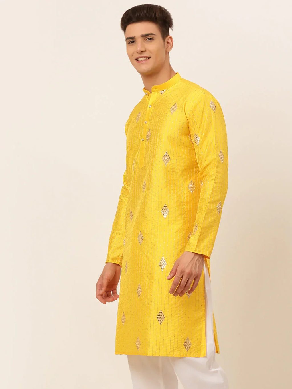 Jompers Men's Mustard Yellow Embroidered Sequinned Kurta Only | Grocsy