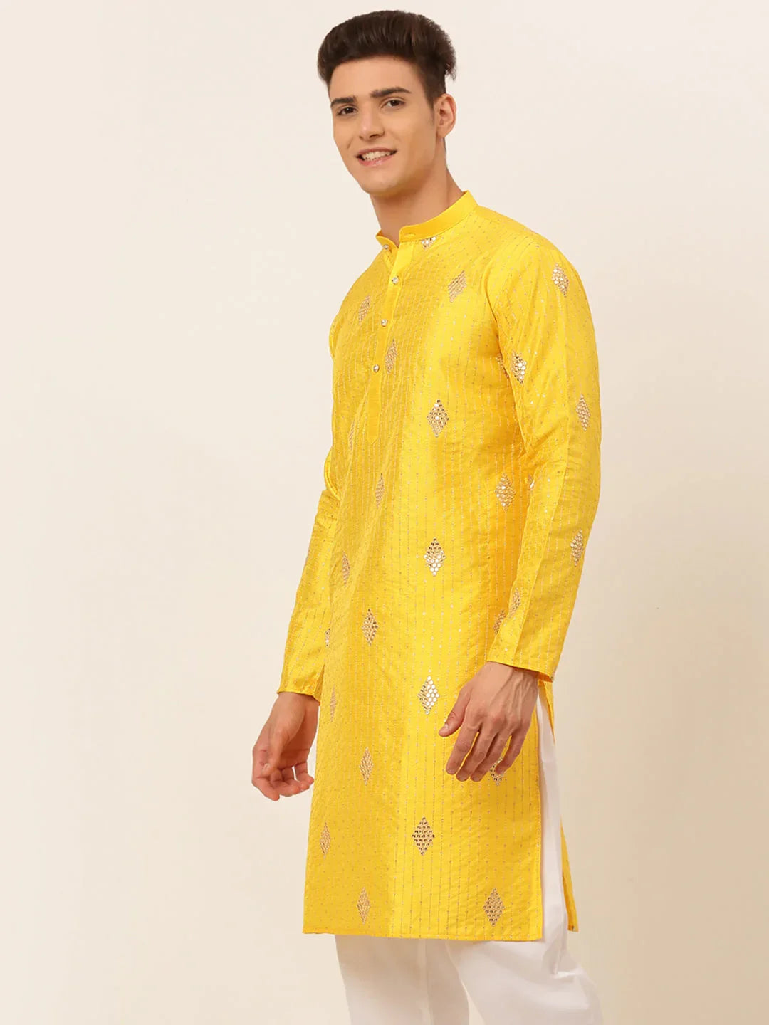 Jompers Men's Mustard Yellow Embroidered Sequinned Kurta Only | Grocsy