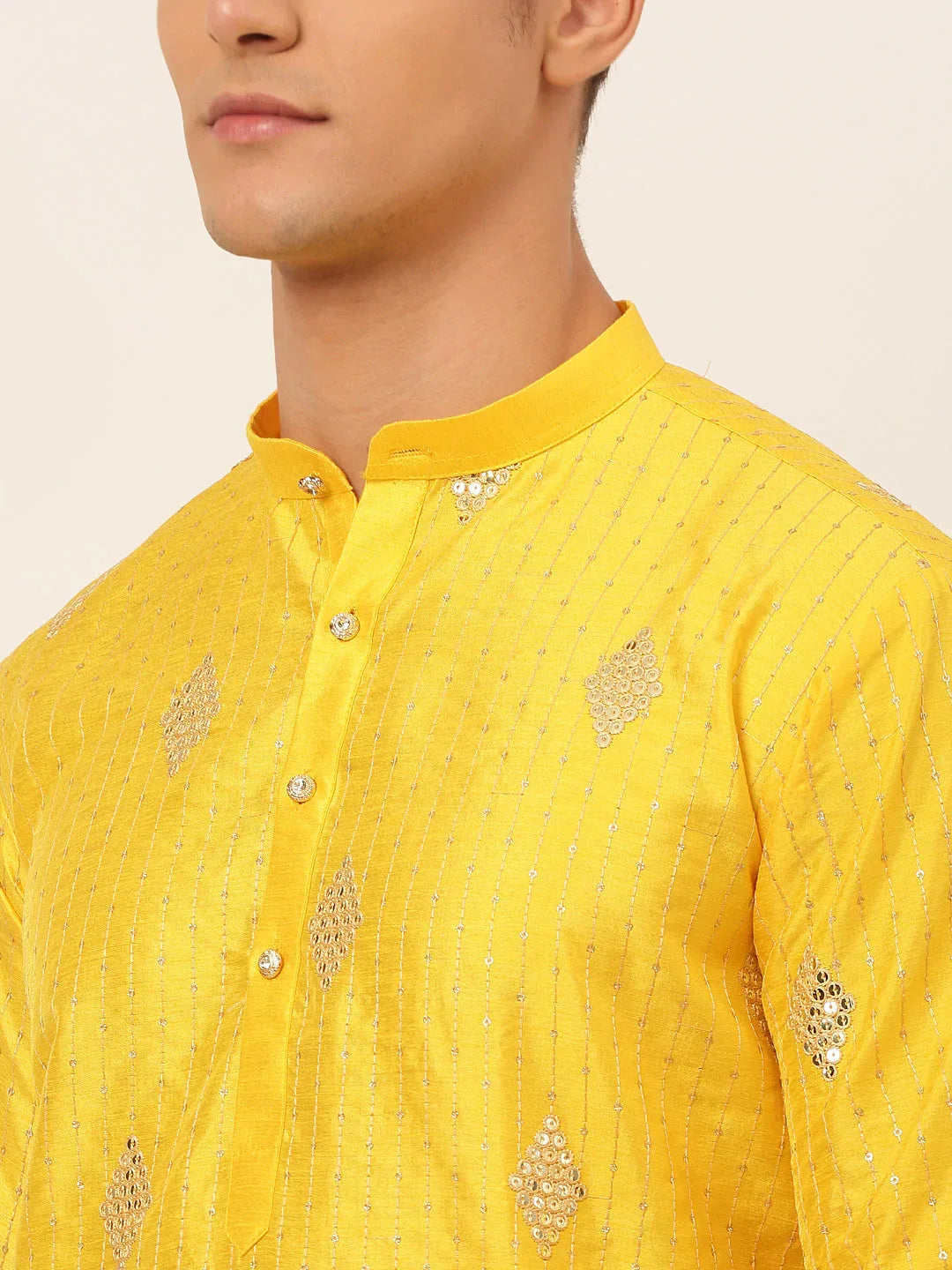 Jompers Men's Mustard Yellow Embroidered Sequinned Kurta Only | Grocsy