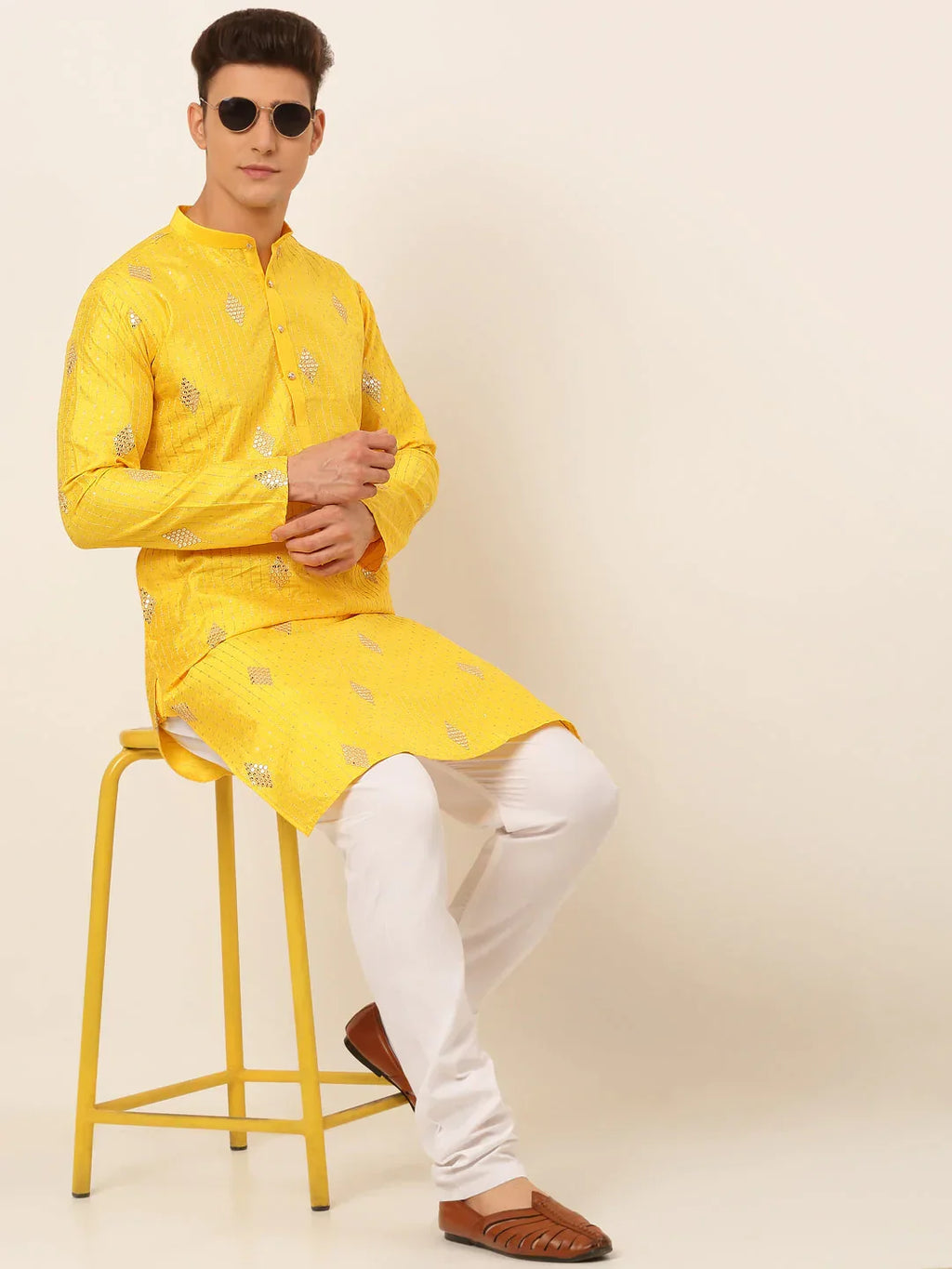 Jompers Men's Mustard Yellow Embroidered Sequinned Kurta Only | Grocsy