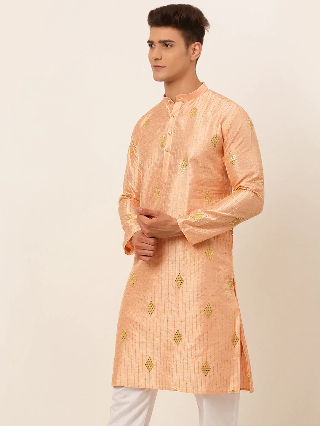 Jompers Men's Peach Embroidered Sequinned Kurta Only | Grocsy