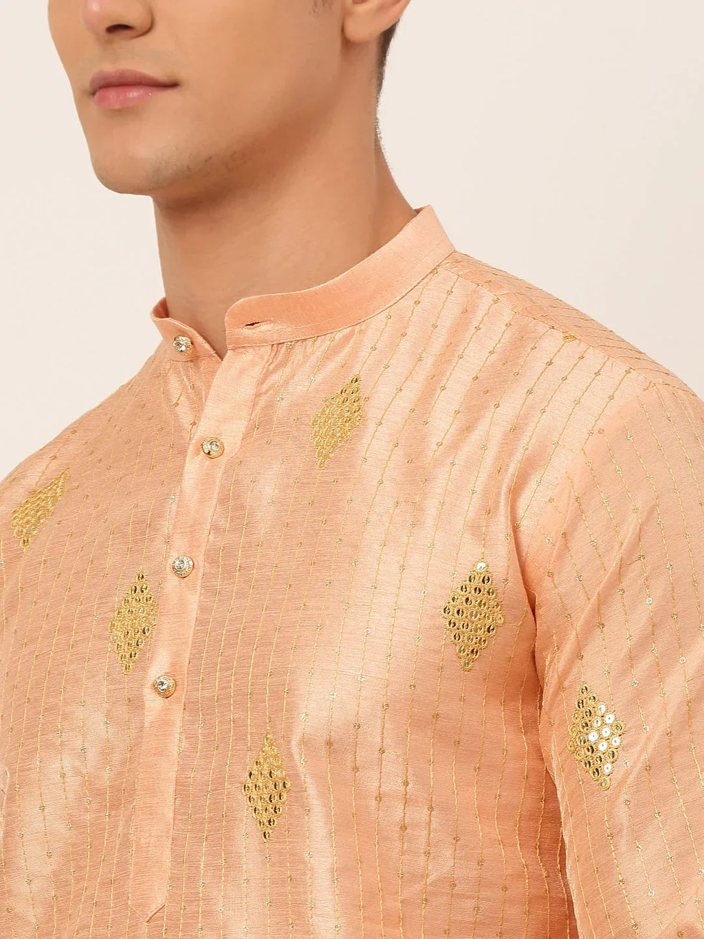 Jompers Men's Peach Embroidered Sequinned Kurta Only | Grocsy