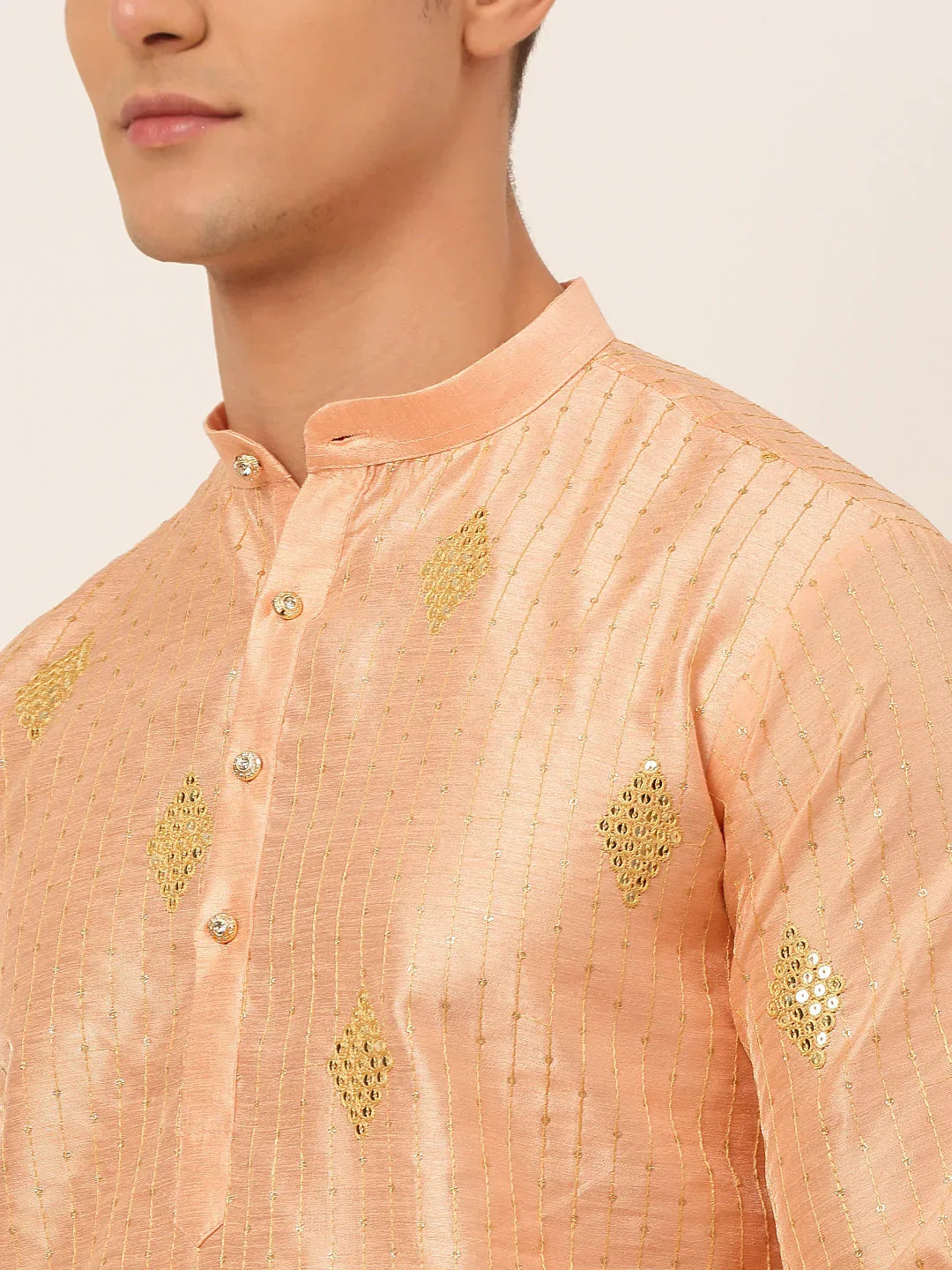 Jompers Men's Peach Embroidered Sequinned Kurta Only | Grocsy