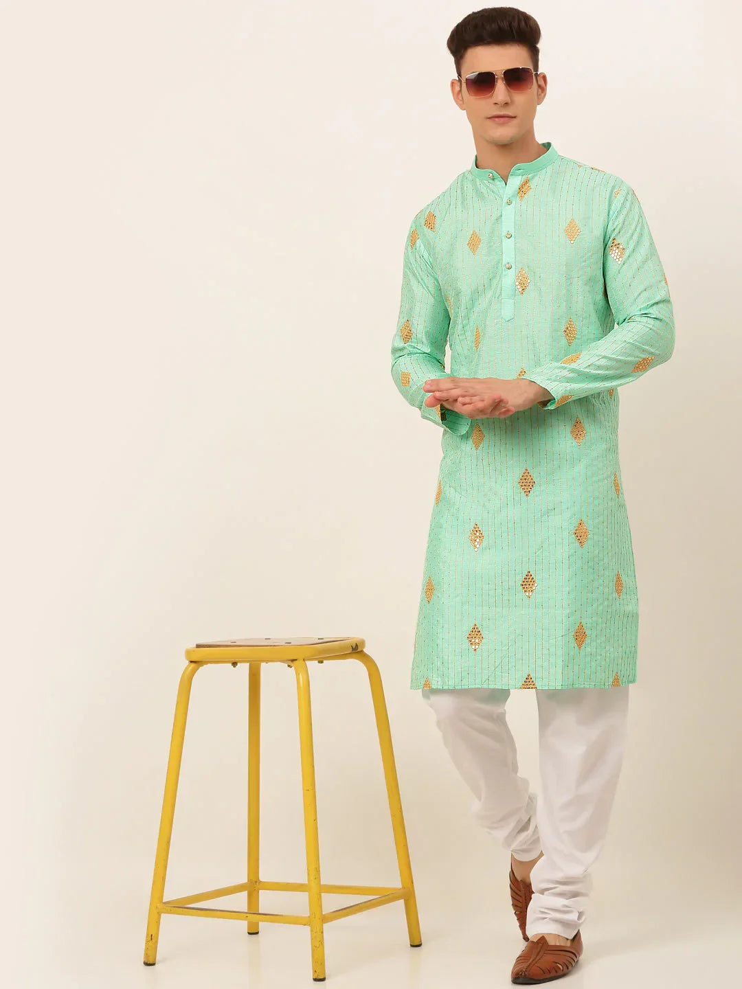 Jompers Men's Sky Blue Embroidered Sequinned Kurta Only | Grocsy