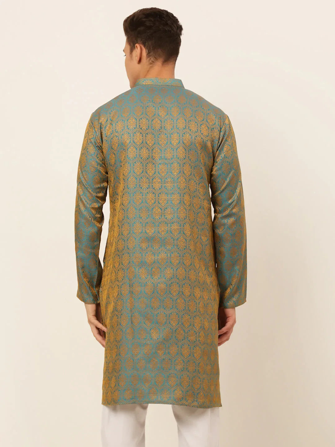 Jompers Men's Blue and Golden Woven Design Kurta Only | Grocsy