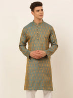 Jompers Men's Blue and Golden Woven Design Kurta Only | Grocsy