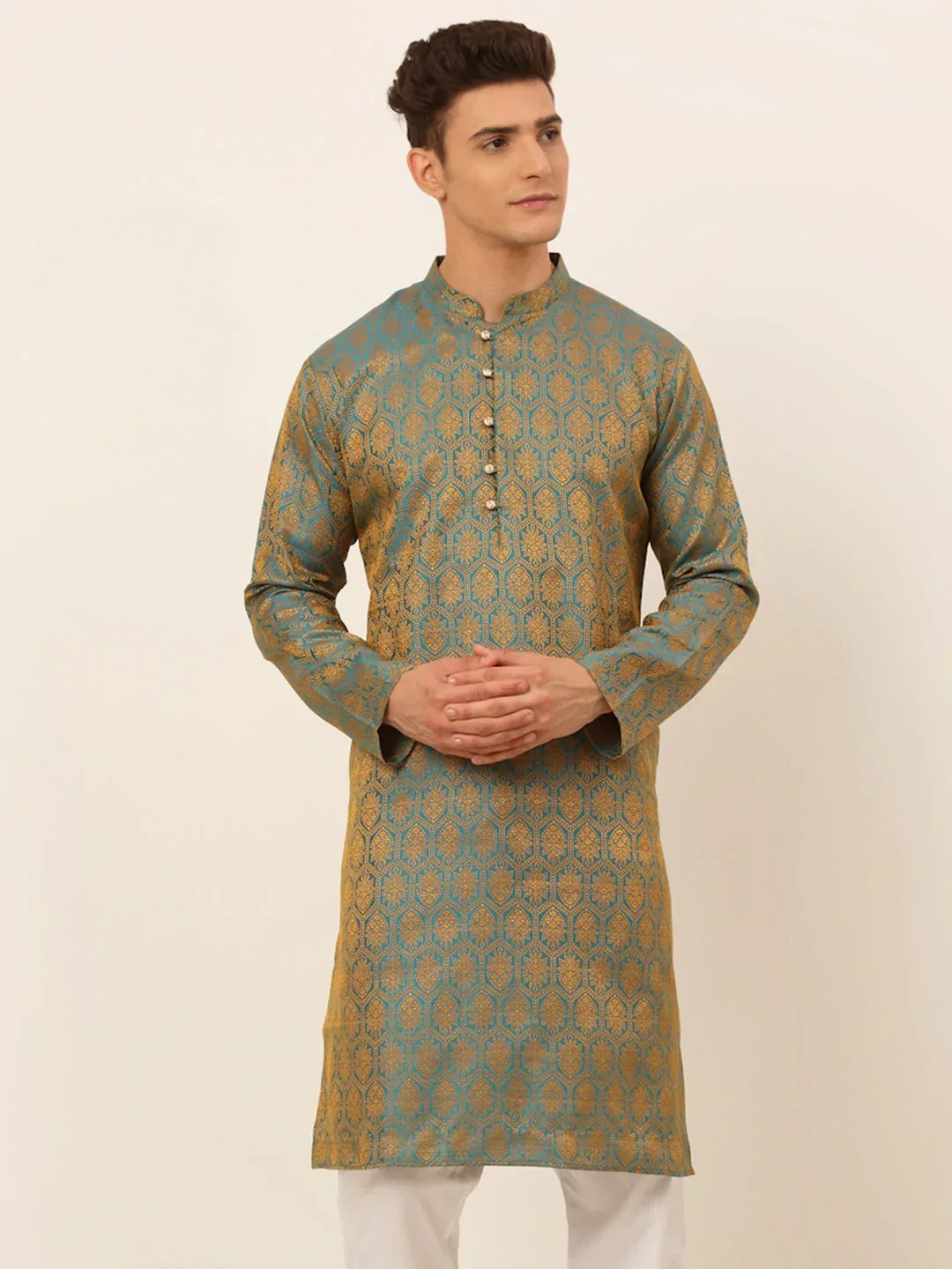Jompers Men's Blue and Golden Woven Design Kurta Only | Grocsy