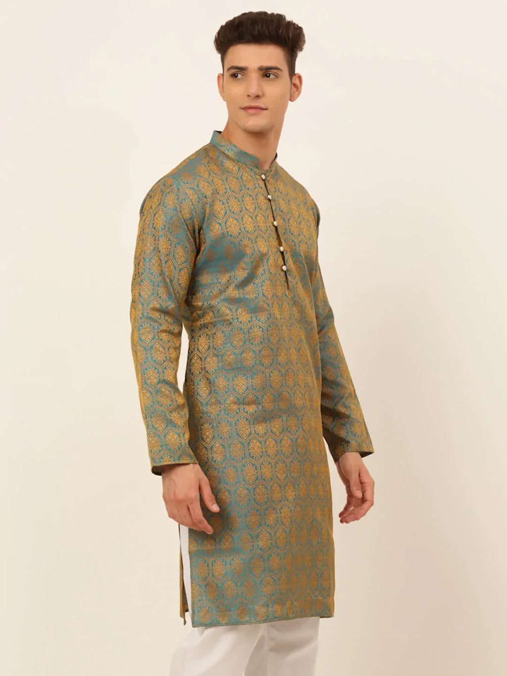 Jompers Men's Blue and Golden Woven Design Kurta Only | Grocsy