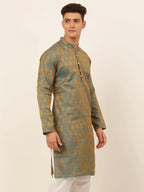 Jompers Men's Blue and Golden Woven Design Kurta Only | Grocsy