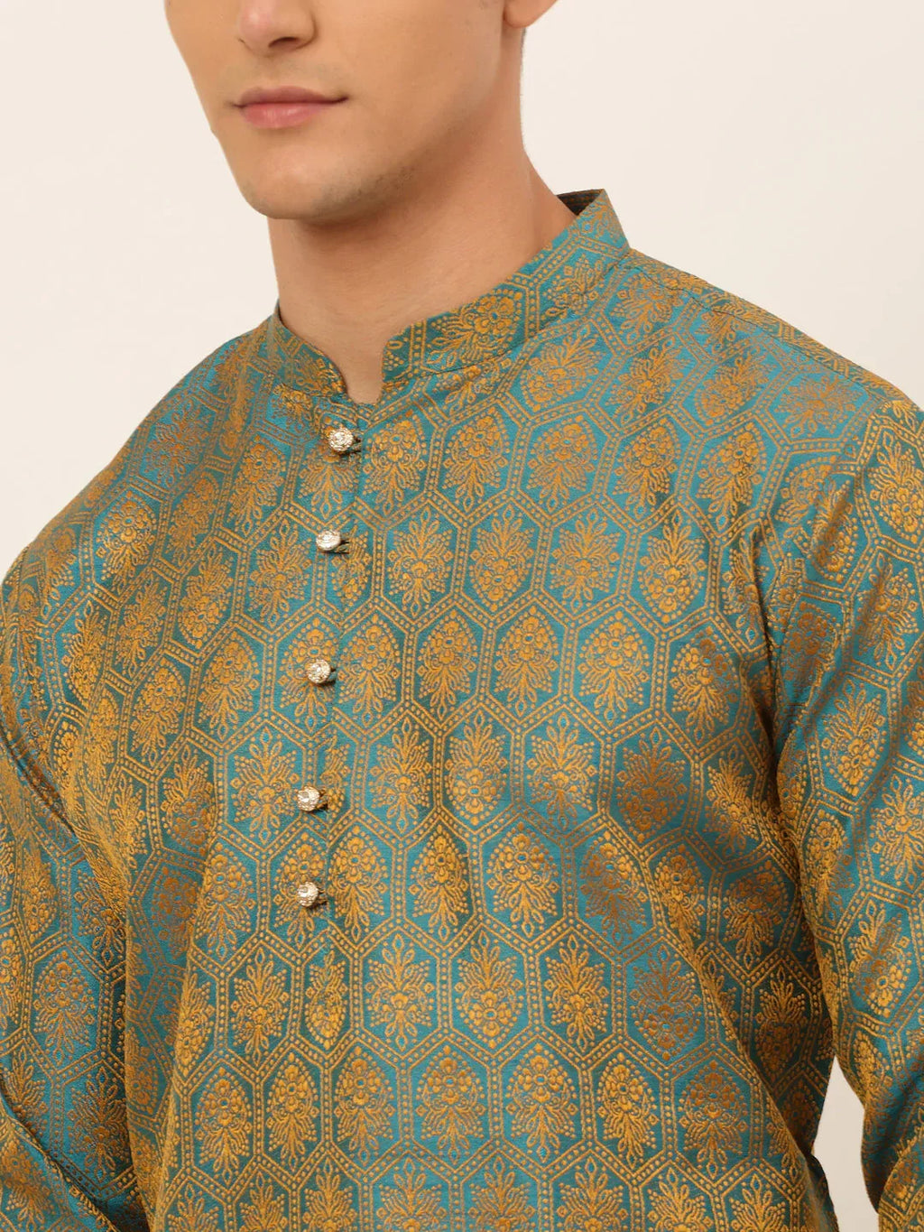 Jompers Men's Blue and Golden Woven Design Kurta Only | Grocsy