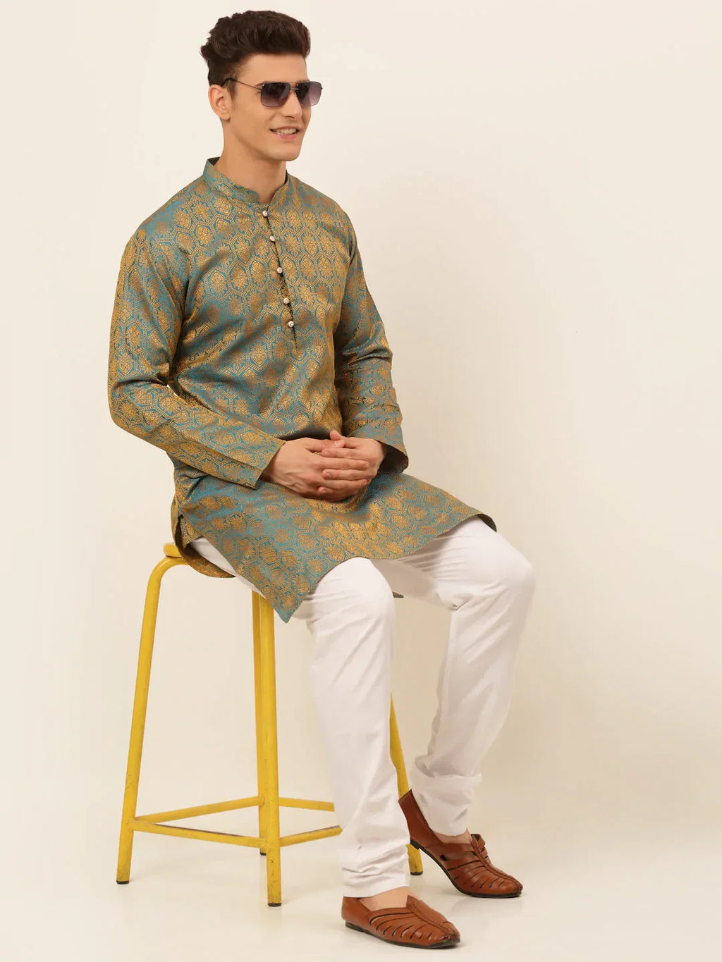 Jompers Men's Blue and Golden Woven Design Kurta Only | Grocsy