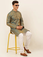 Jompers Men's Blue and Golden Woven Design Kurta Only | Grocsy