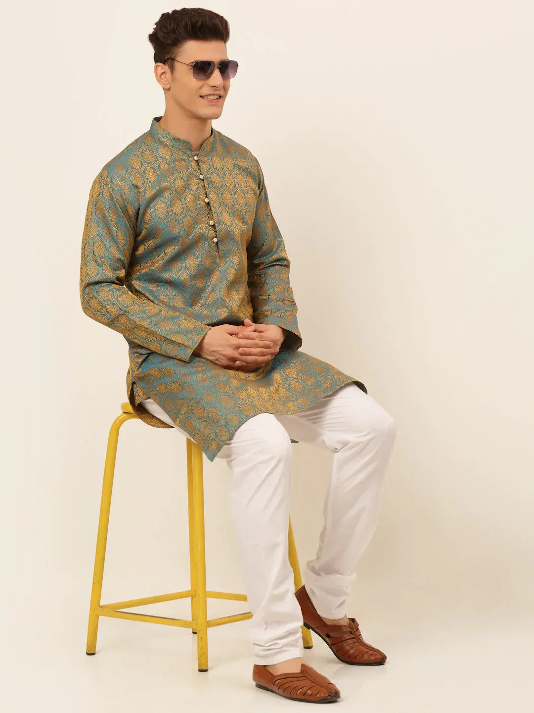 Jompers Men's Blue and Golden Woven Design Kurta Only | Grocsy