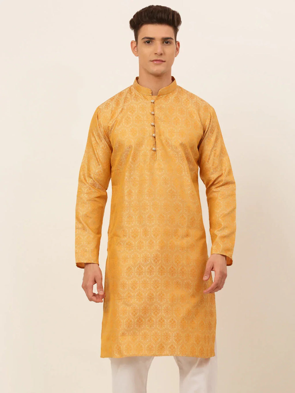 Jompers Men's Silver and Golden Woven Design Kurta Only | Grocsy