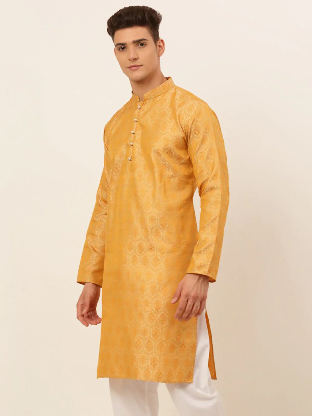 Jompers Men's Silver and Golden Woven Design Kurta Only | Grocsy