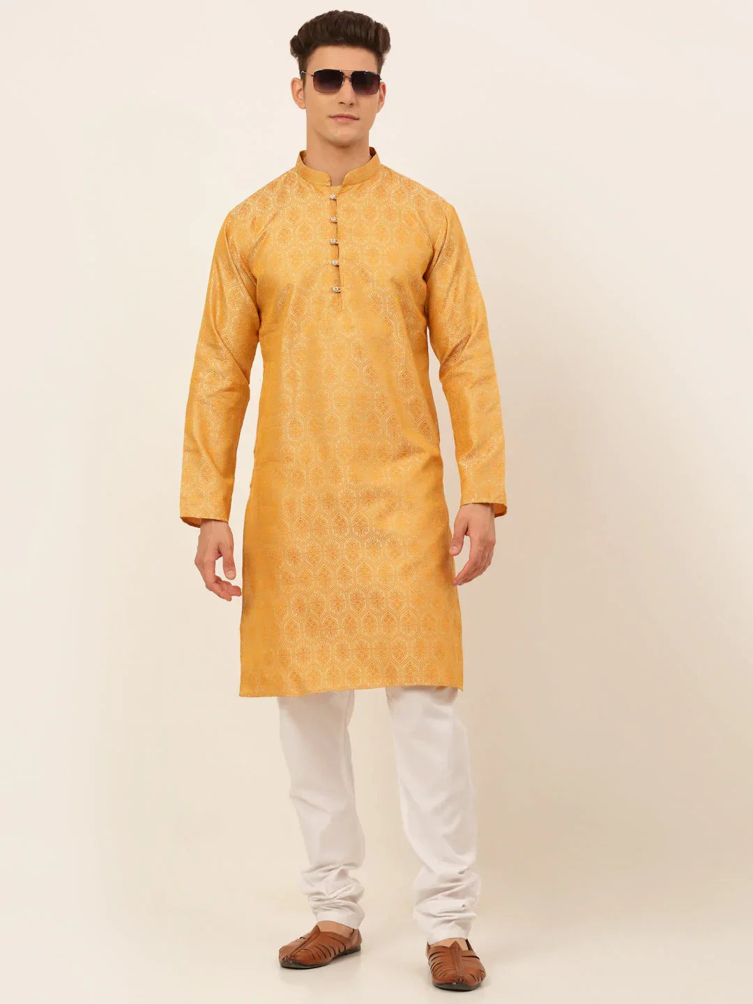 Jompers Men's Silver and Golden Woven Design Kurta Only | Grocsy