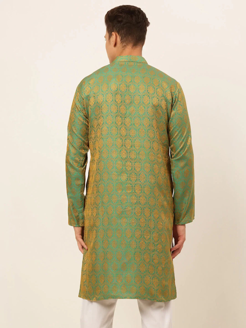 Jompers Men's Green and Golden Woven Design Kurta Only | Grocsy