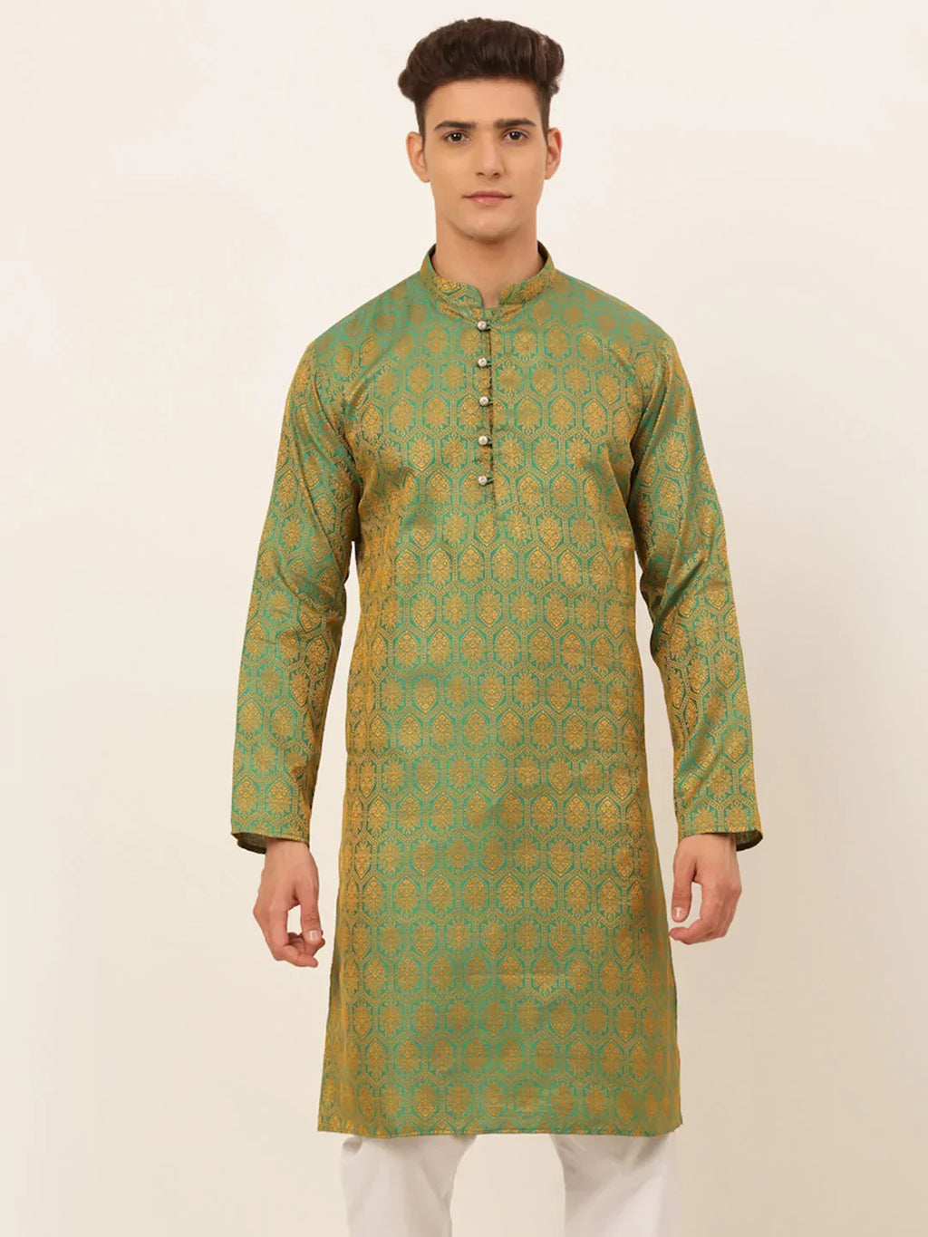 Jompers Men's Green and Golden Woven Design Kurta Only | Grocsy