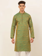Jompers Men's Green and Golden Woven Design Kurta Only | Grocsy