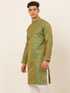 Jompers Men's Green and Golden Woven Design Kurta Only | Grocsy