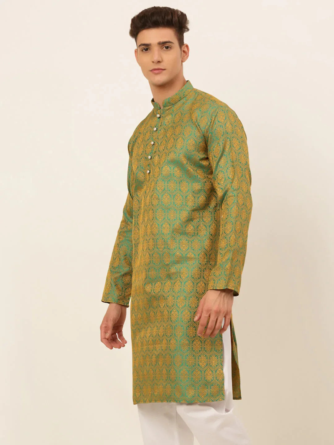 Jompers Men's Green and Golden Woven Design Kurta Only | Grocsy