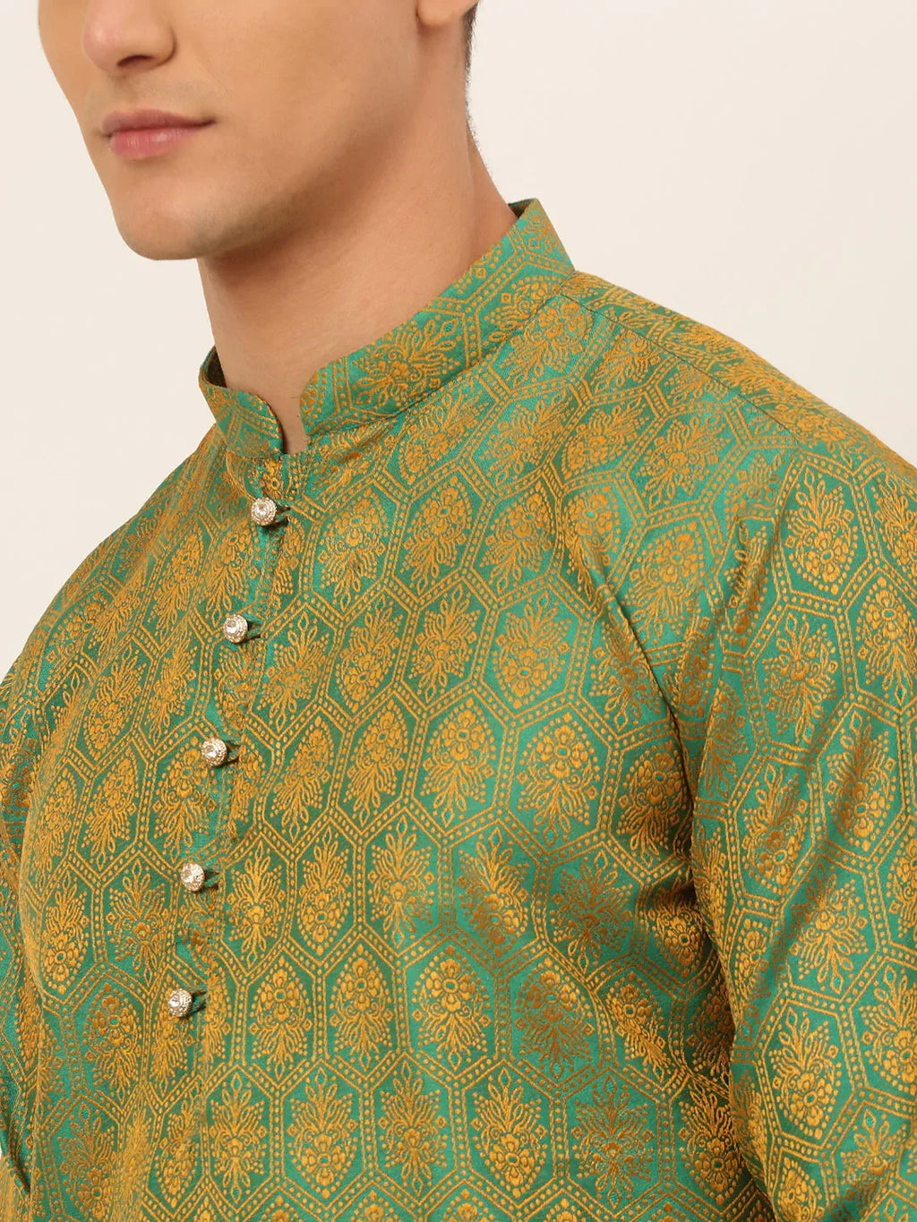 Jompers Men's Green and Golden Woven Design Kurta Only | Grocsy