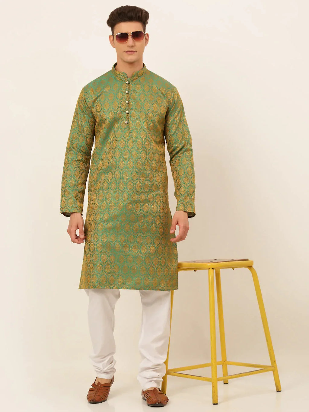 Jompers Men's Green and Golden Woven Design Kurta Only | Grocsy