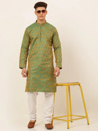Jompers Men's Green and Golden Woven Design Kurta Only | Grocsy