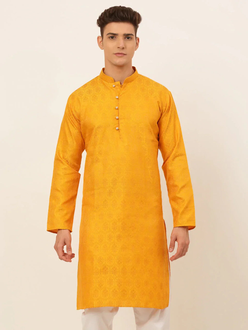 Jompers Men's Mustard and Golden Woven Design Kurta Only | Grocsy