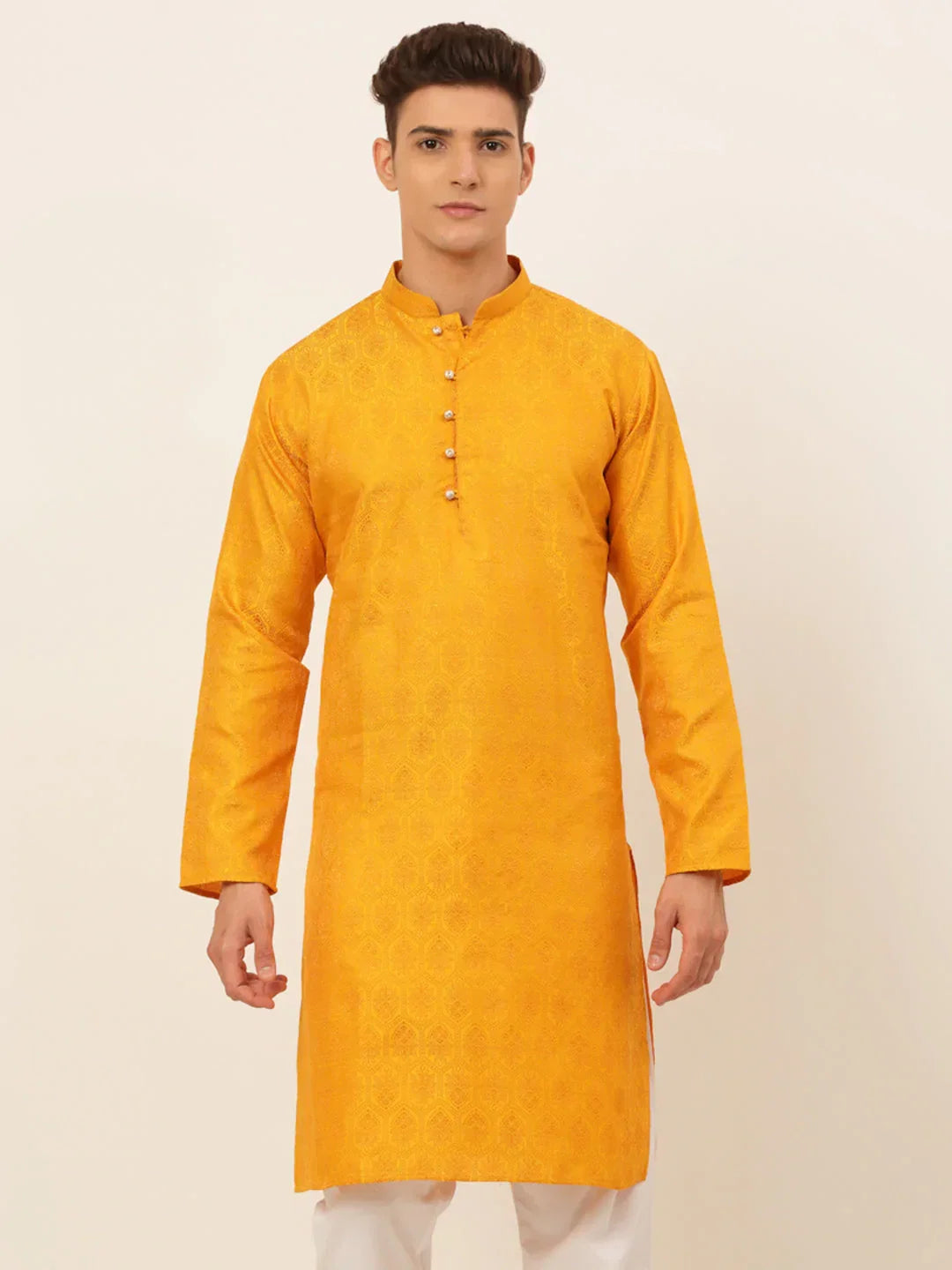 Jompers Men's Mustard and Golden Woven Design Kurta Only | Grocsy