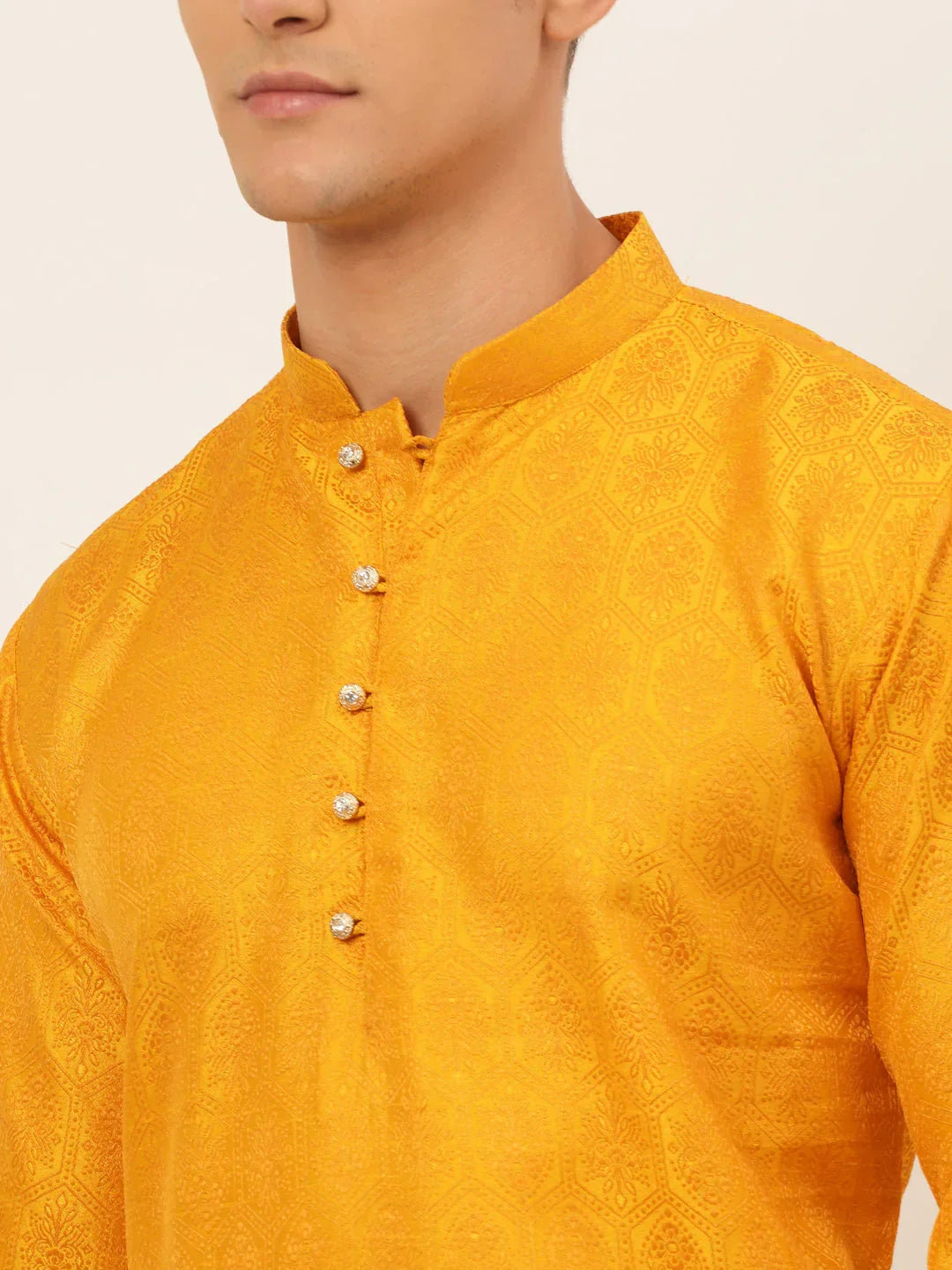 Jompers Men's Mustard and Golden Woven Design Kurta Only | Grocsy