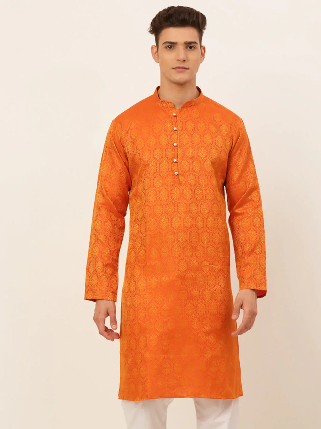 Jompers Men's Orange and Golden Woven Design Kurta Only | Grocsy