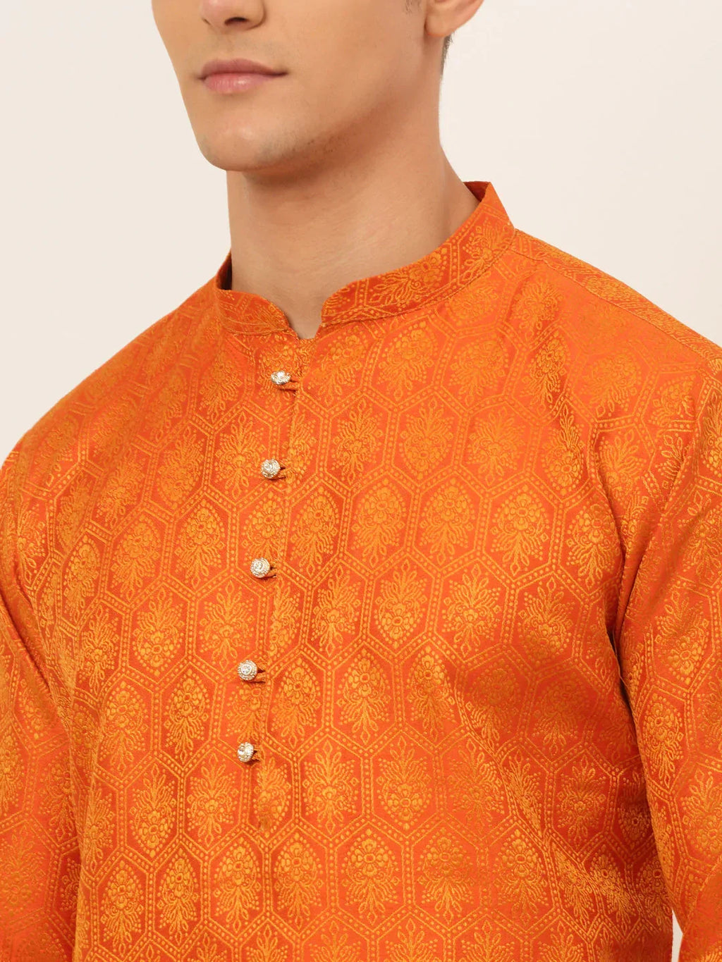 Jompers Men's Orange and Golden Woven Design Kurta Only | Grocsy