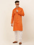 Jompers Men's Orange and Golden Woven Design Kurta Only | Grocsy
